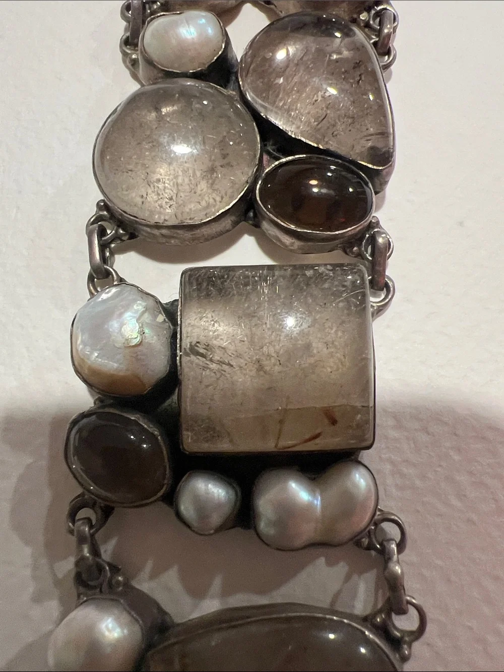 Handcrafted Gray Pearl & Smoky Quartz Statement Bracelet